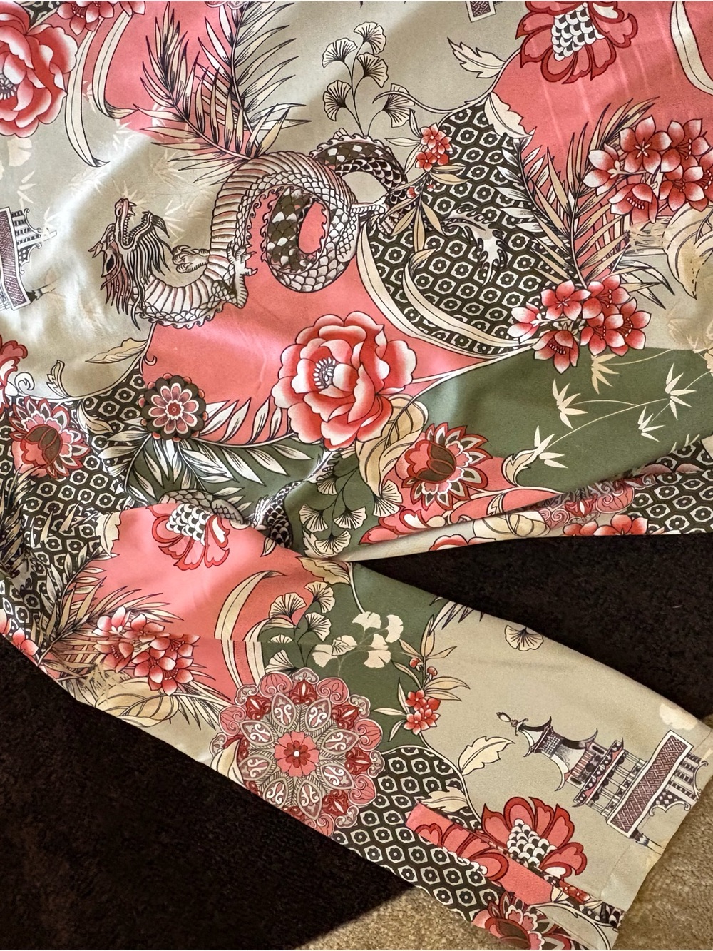 Vintage Natori Silky Maxi Gown Robe Coral & Olive Long Split Sleeve & Pockets - Picture 8 of 10
